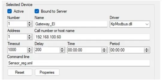 Configuración de conexión de RapidSCADA que vincula el software al gateway PHANTOM® a través de la dirección IP para la comunicación MODBUS TCP/IP